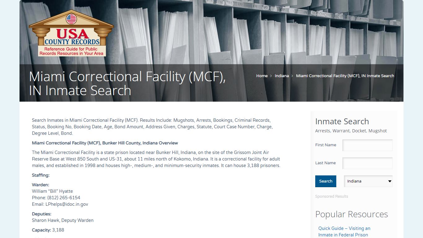 Miami Correctional Facility (MCF), IN Inmate Search | Name ...