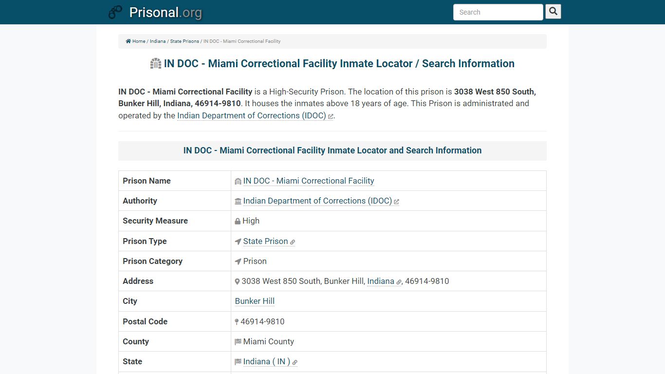 IN DOC - Miami Correctional Facility-Inmate Locator/Search ...